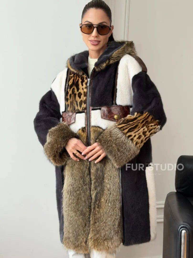 Комбинированная норковая шуба с капюшоном