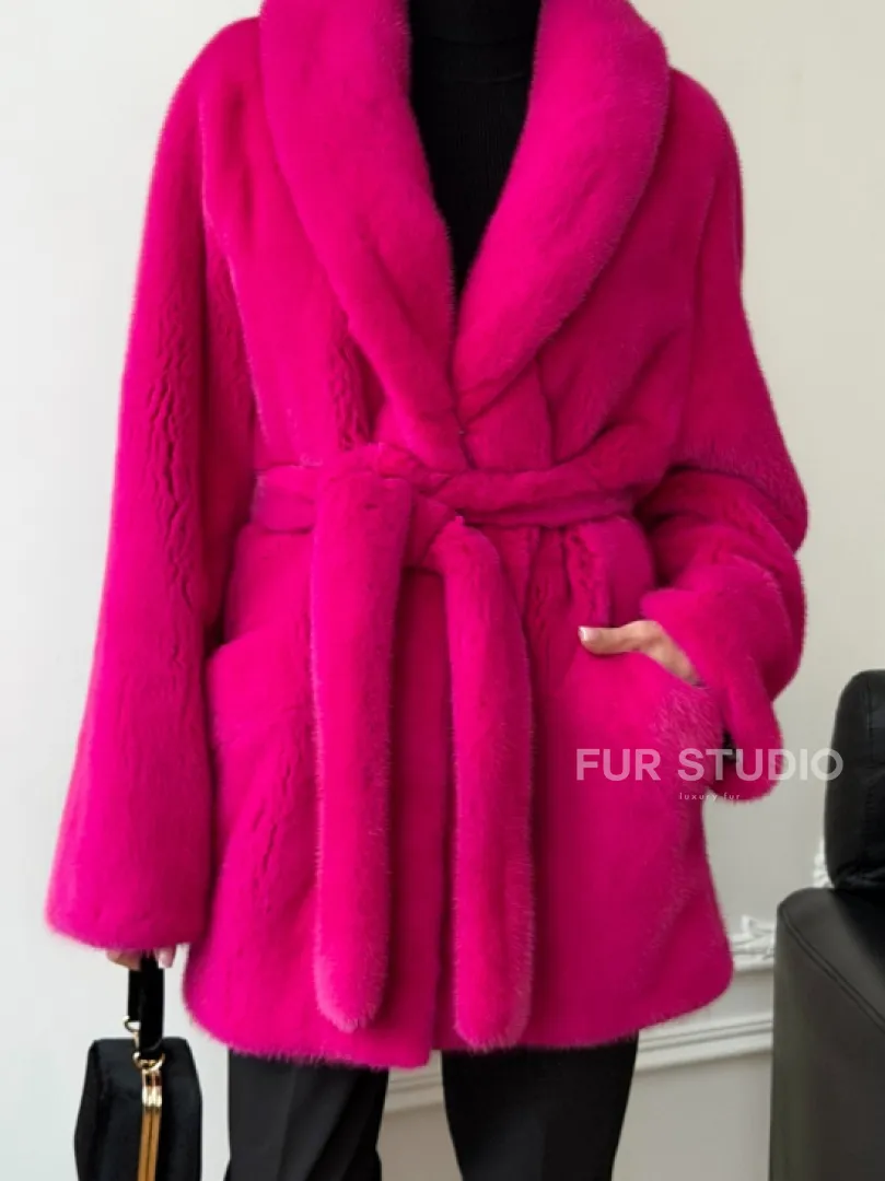 Шуба из плюшевой норки Velvet - фуксия - фото 2