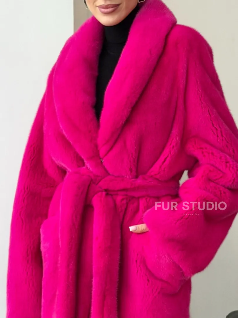 Шуба из плюшевой норки Velvet - фуксия - фото 1