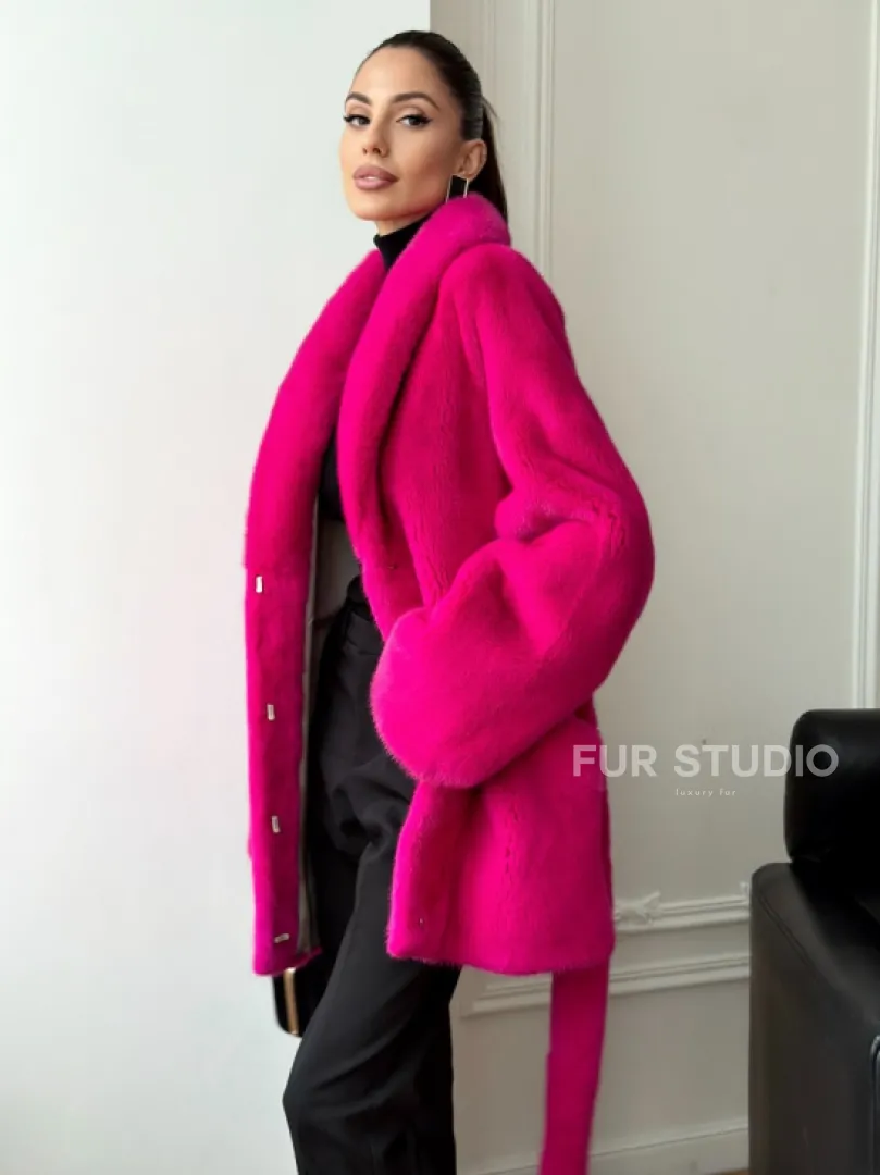Шуба из плюшевой норки Velvet - фуксия
