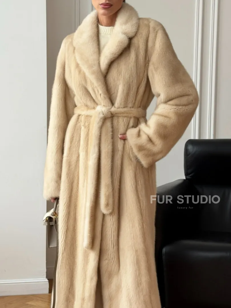 Длинная норковая шуба в натуральном цвете пастель - фото 3