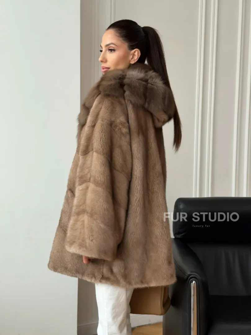 Шуба норковая с капюшоном куница - фото 9