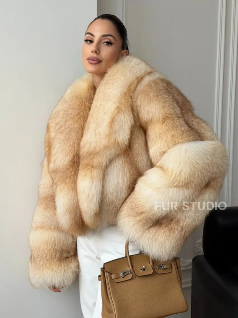 Полушубок-кроп с шалевым воротником из меха песца - фото 0