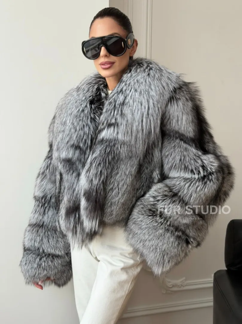 Кроп-полушубок с шалевым воротником из чернобурки - фото 4