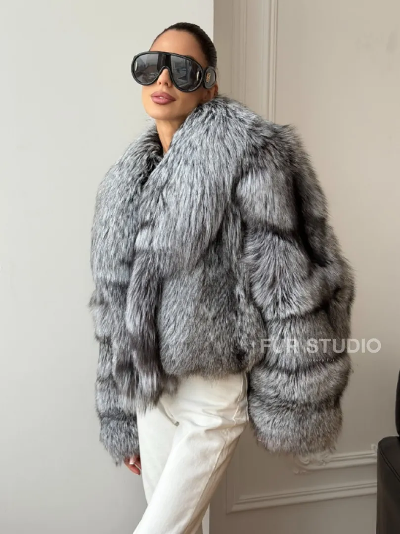 Кроп-полушубок с шалевым воротником из чернобурки