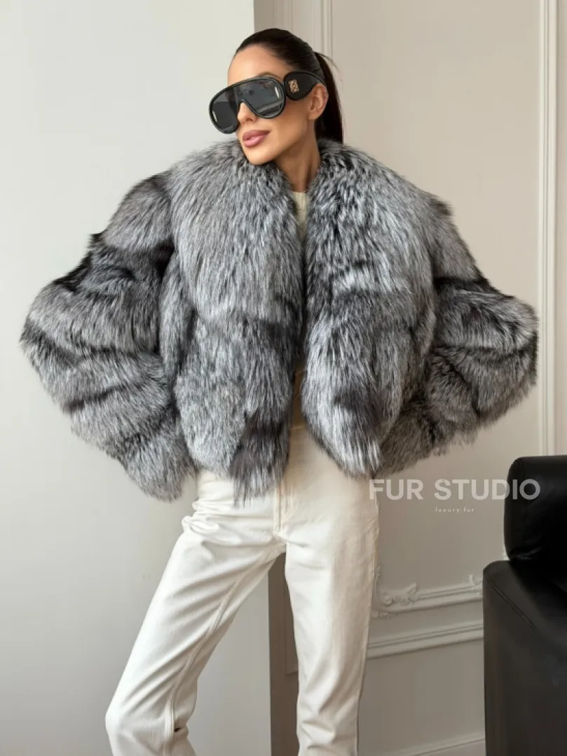 Кроп-полушубок с шалевым воротником из чернобурки - фото 8