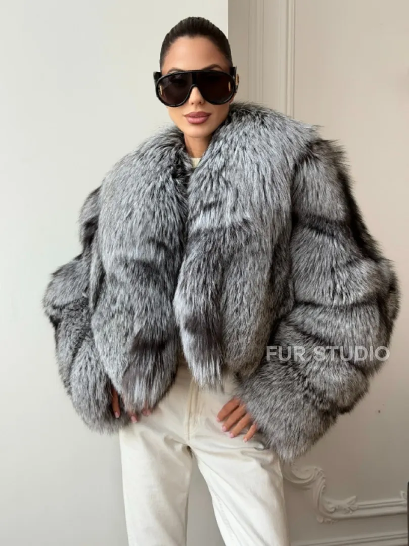 Кроп-полушубок с шалевым воротником из чернобурки - фото 9