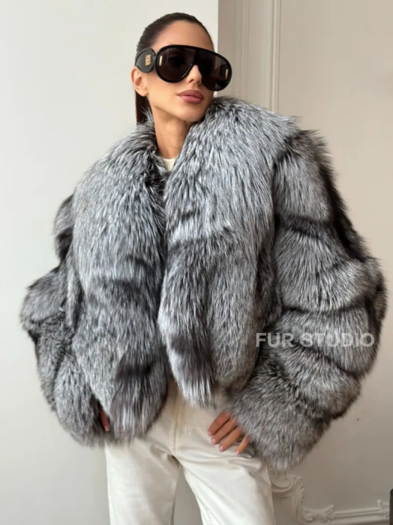 Кроп-полушубок с шалевым воротником из чернобурки - фото 0