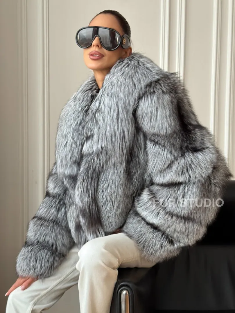 Кроп-полушубок с шалевым воротником из чернобурки - фото 5