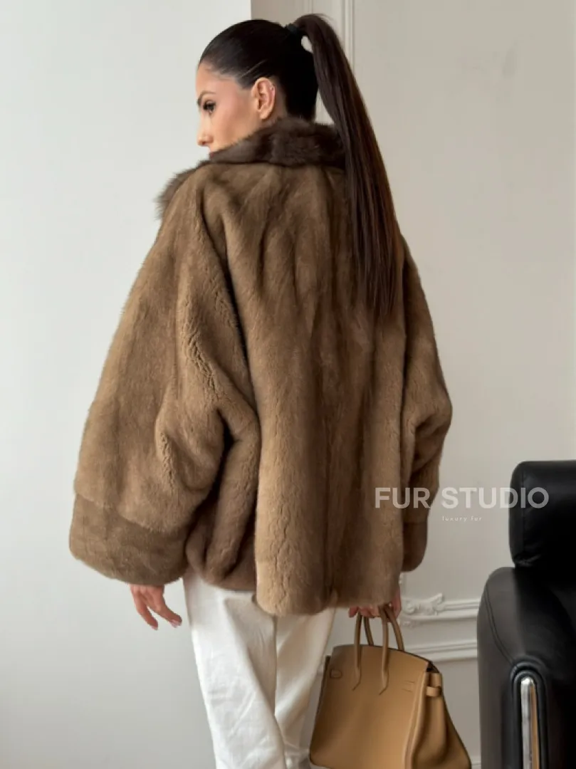 Норковый полушубок с воротником куницы 70 см - фото 5