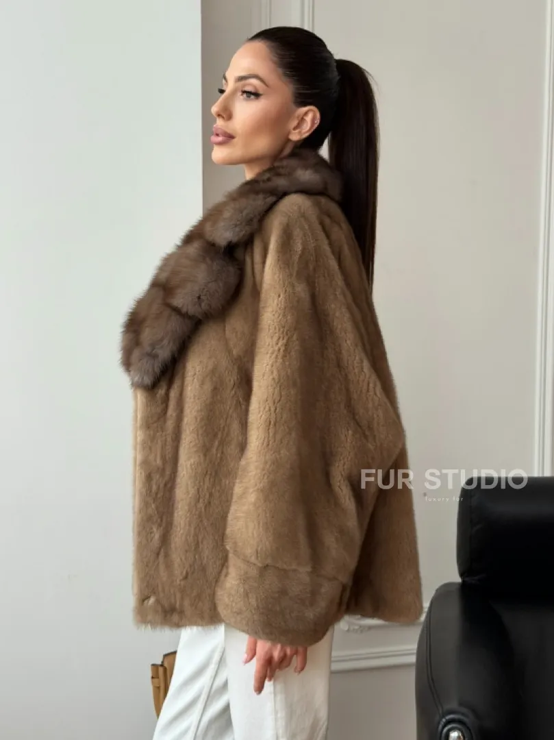 Норковый полушубок с воротником куницы 70 см - фото 4