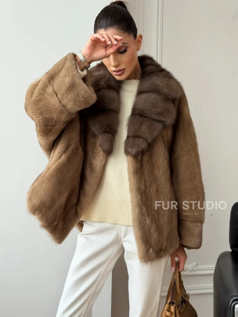 Норковый полушубок с воротником куницы 70 см - фото 3