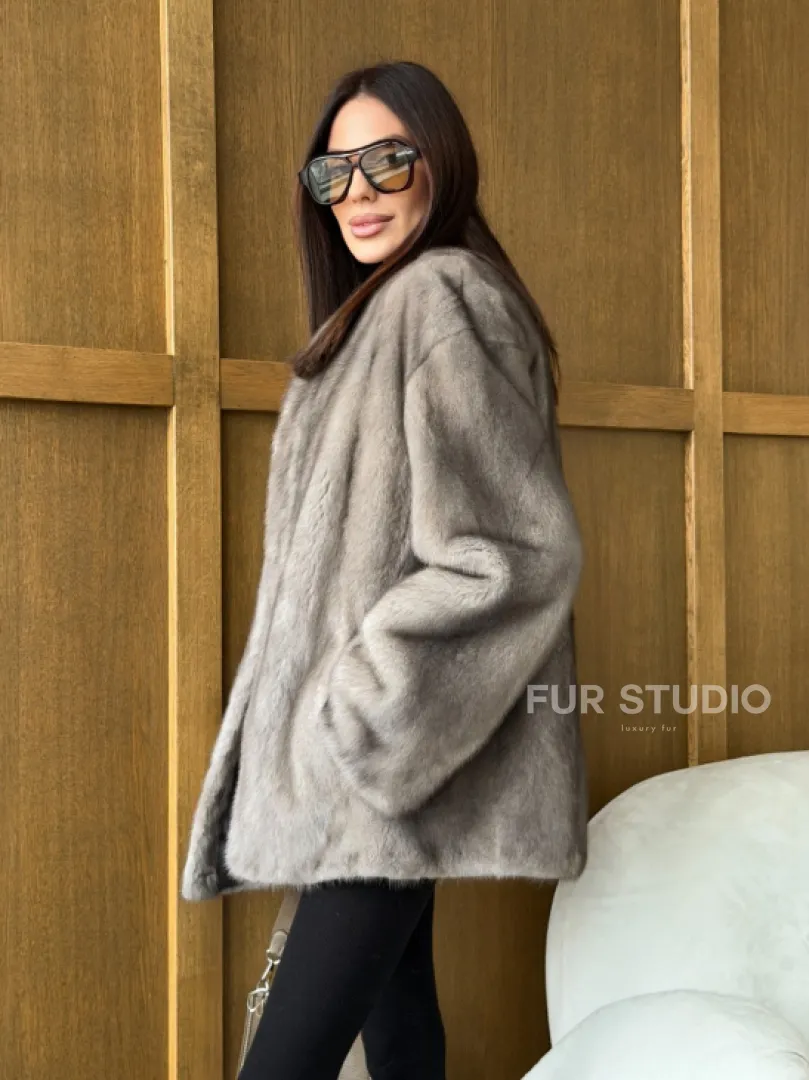 Норковый жакет в натуральном сером цвете - фото 11