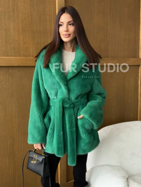 Шуба из плюшевой норки VELVEТ - изумруд - фото 7