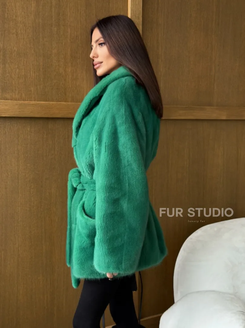 Шуба из плюшевой норки VELVEТ - изумруд - фото 8