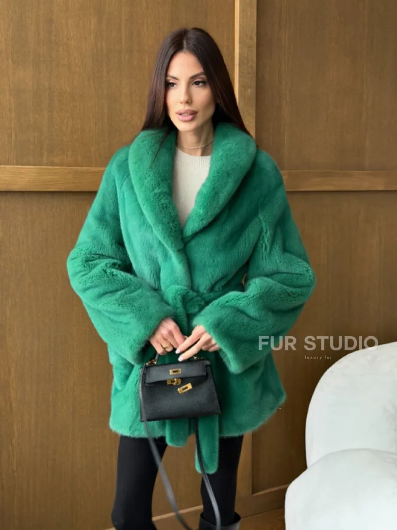 Шуба из плюшевой норки VELVEТ - изумруд - фото 12