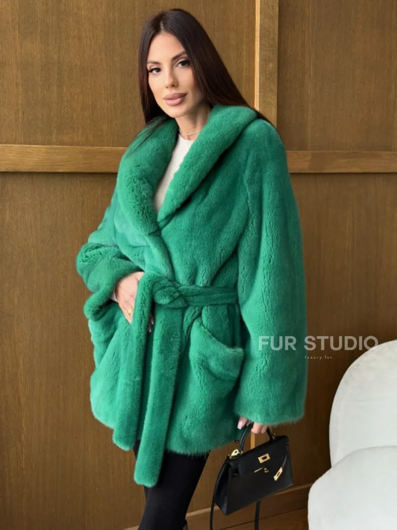 Шуба из плюшевой норки VELVEТ - изумруд - фото 0
