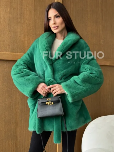 Шуба из плюшевой норки VELVEТ - изумруд - фото 6