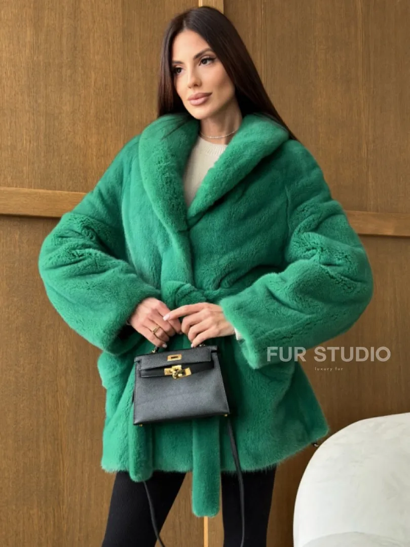Шуба из плюшевой норки VELVEТ - изумруд - фото 6