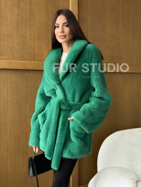 Шуба из плюшевой норки VELVEТ - изумруд - фото 11