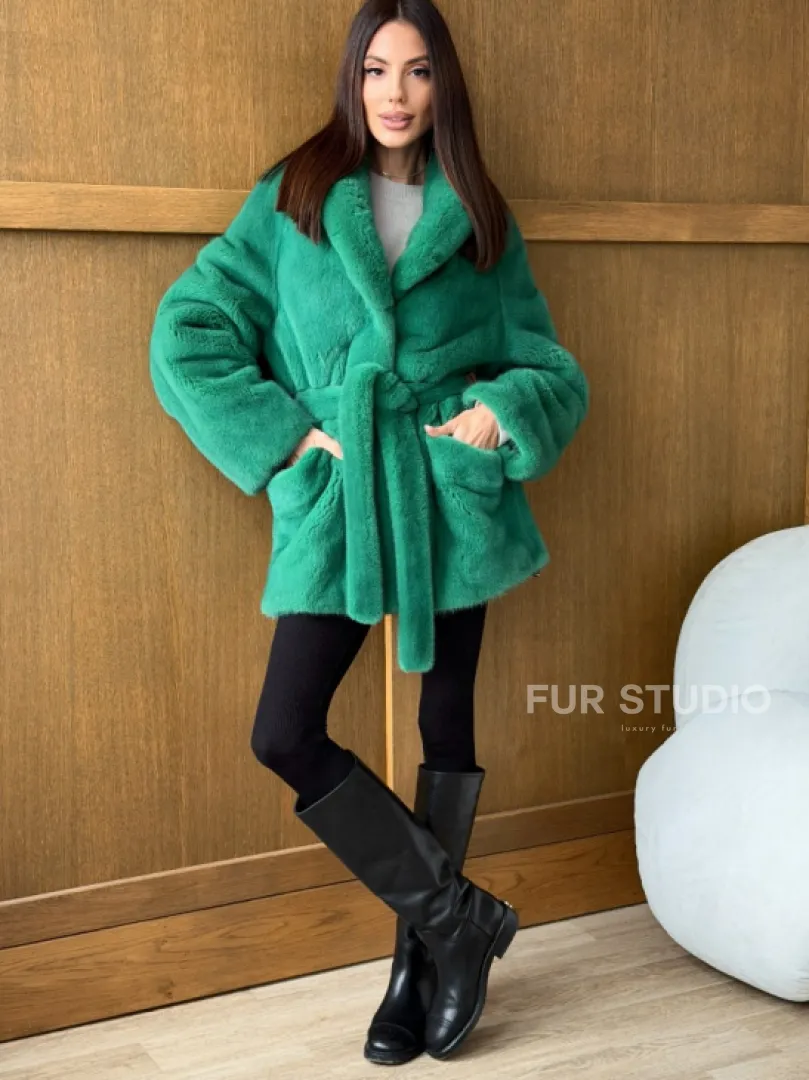Шуба из плюшевой норки VELVEТ - изумруд - фото 5