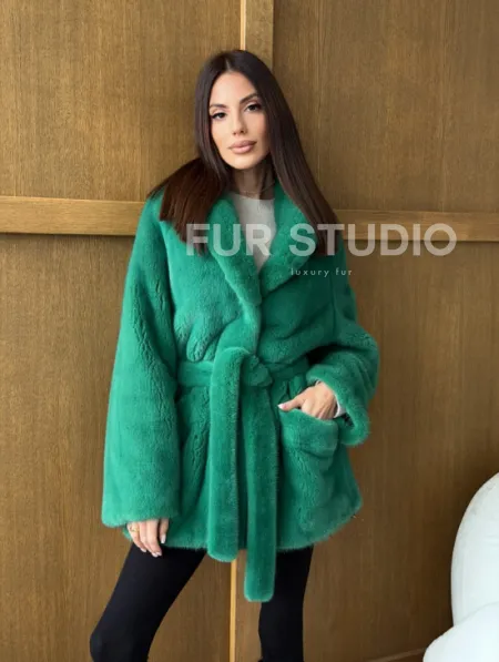 Шуба из плюшевой норки VELVEТ - изумруд - фото 13