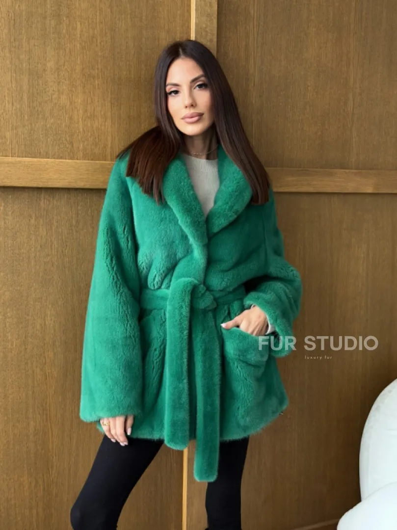 Шуба из плюшевой норки VELVEТ - изумруд - фото 13