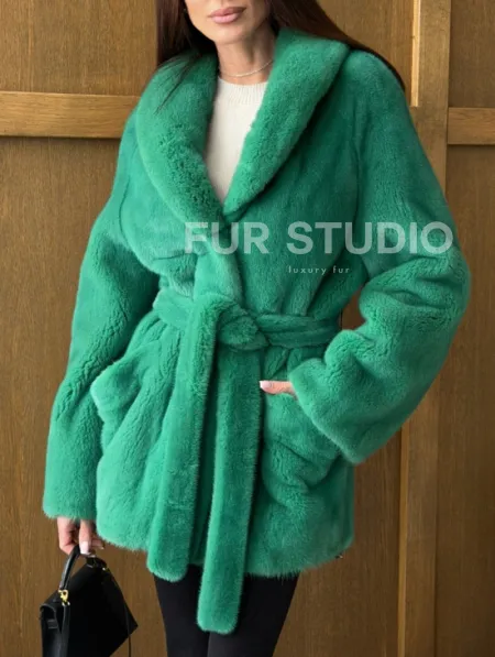 Шуба из плюшевой норки VELVEТ - изумруд - фото 2