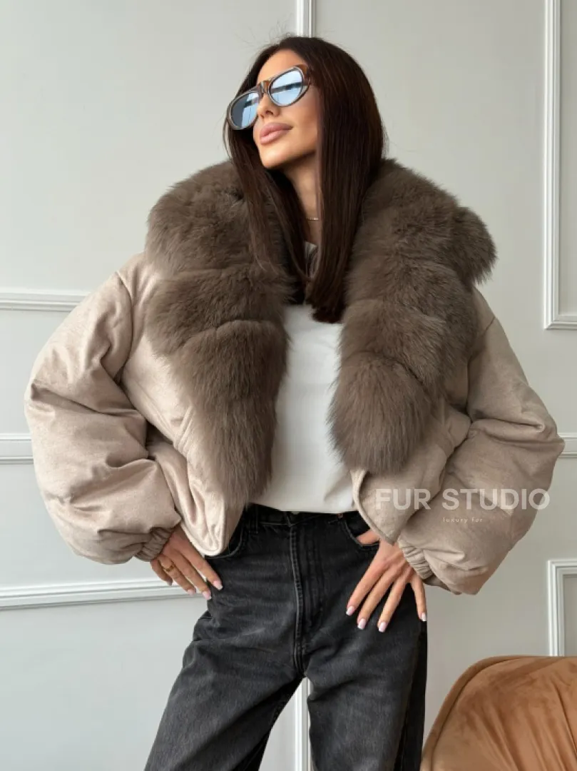 Зимний короткий пуховик с мехом - оверсайз