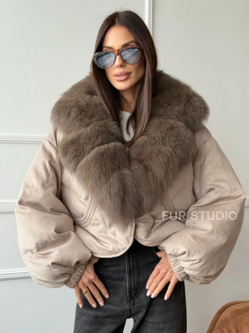 Зимний короткий пуховик с мехом - оверсайз