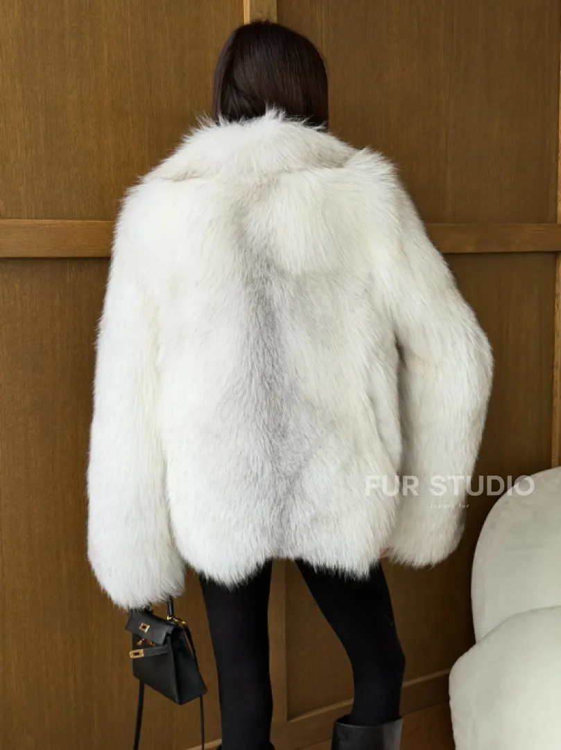 Белый полушубок из крестовой лисы - английский воротник - фото 5
