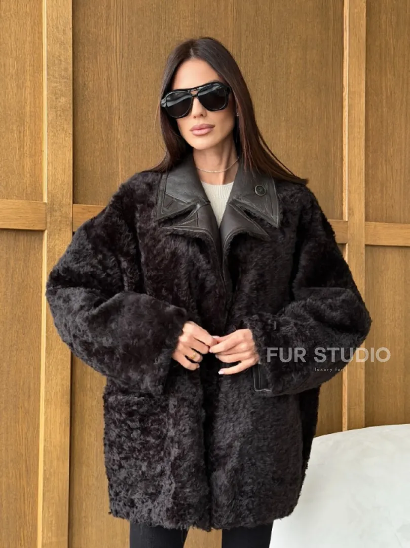 Коричневая двухсторонняя дубленка на овчине тиградо - фото 15