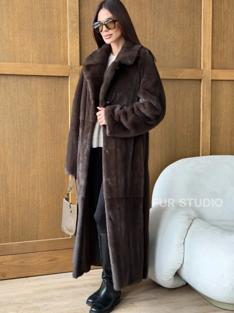 Норковая шуба - прямой крой с меховым поясом - фото 4