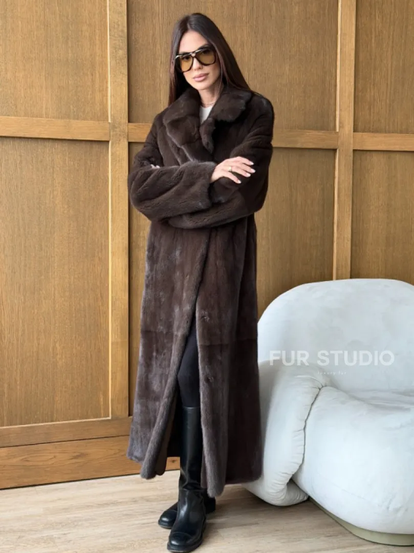 Норковая шуба - прямой крой с меховым поясом - фото 7