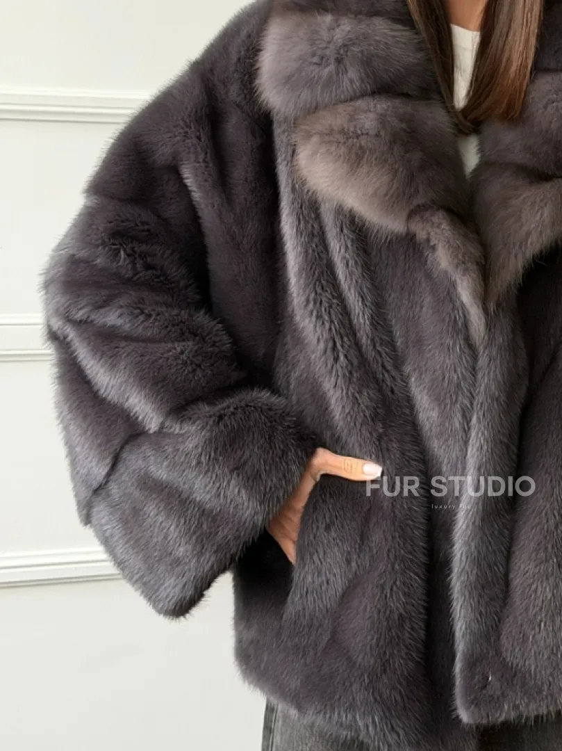 Автоледи норковая с воротником куницы - графит