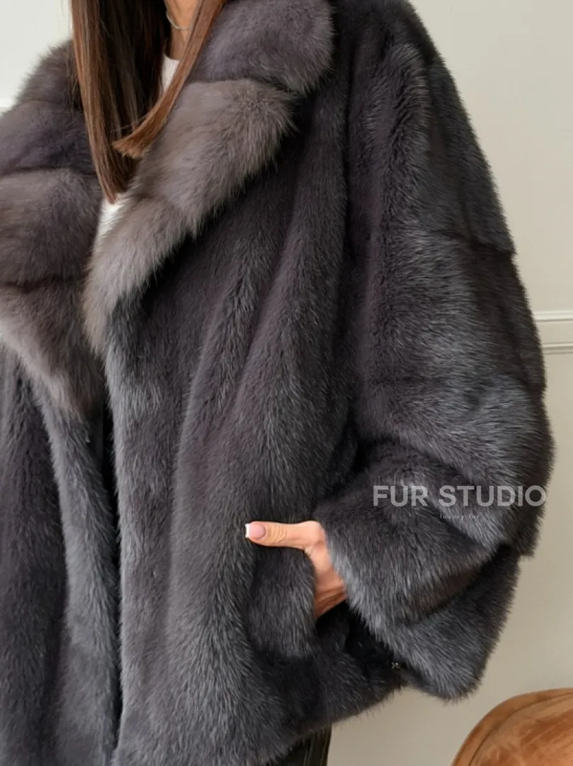 Автоледи норковая с воротником куницы - графит - фото 2