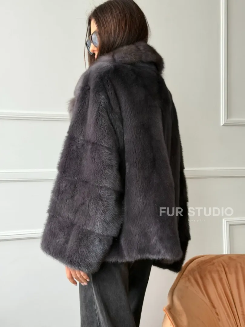 Автоледи норковая с воротником куницы - графит - фото 5