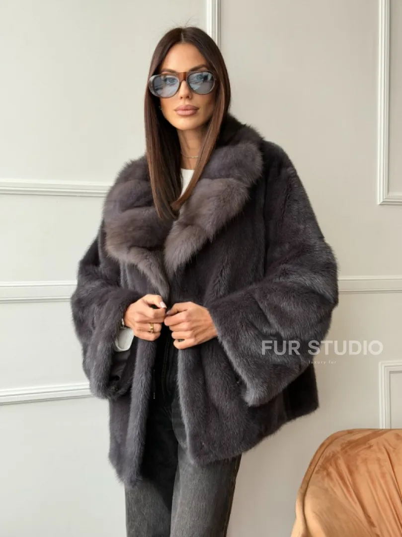 Автоледи норковая с воротником куницы - графит