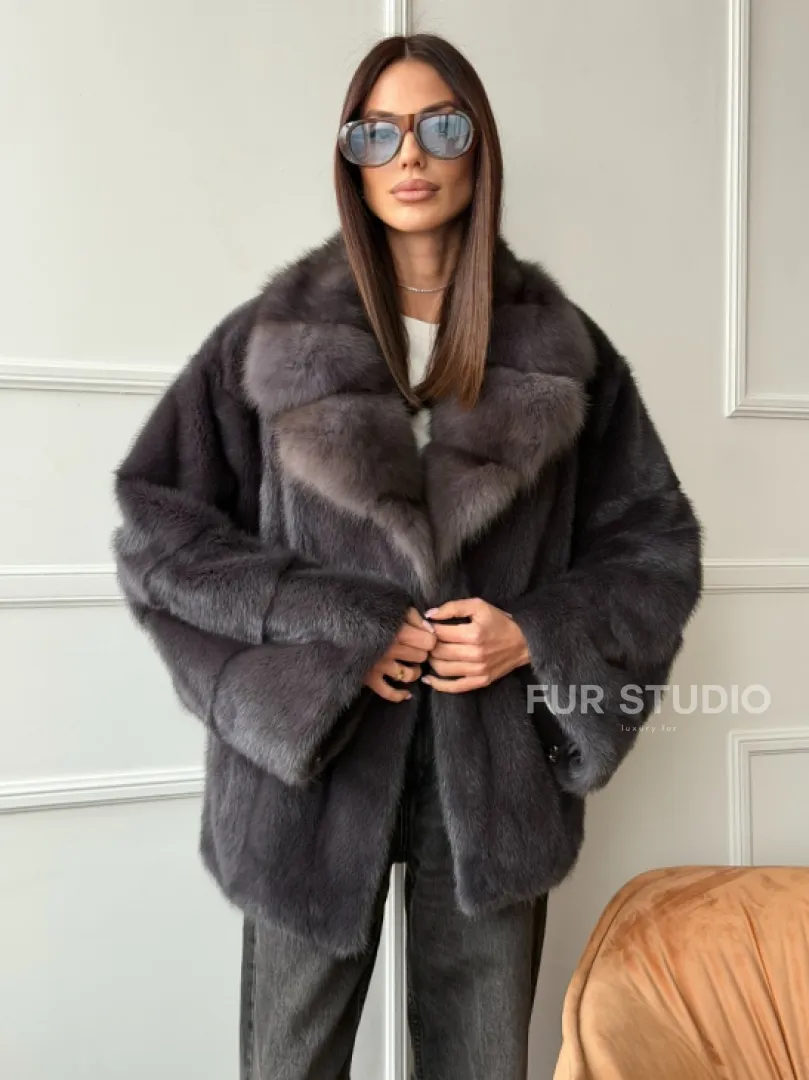 Автоледи норковая с воротником куницы - графит - фото 7