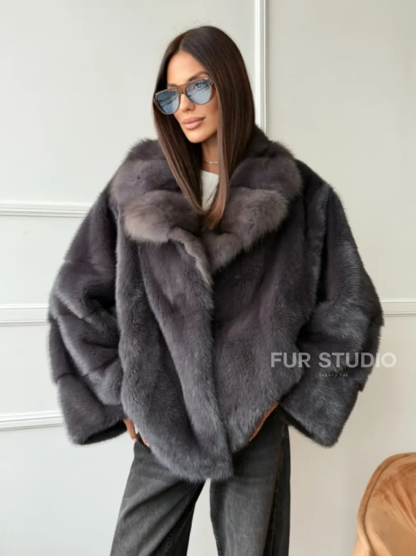 Автоледи норковая с воротником куницы - графит - фото 8