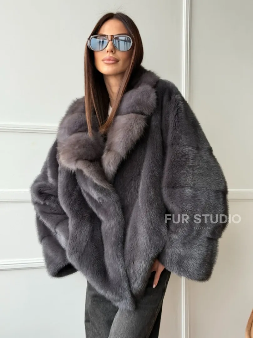 Автоледи норковая с воротником куницы - графит - фото 0