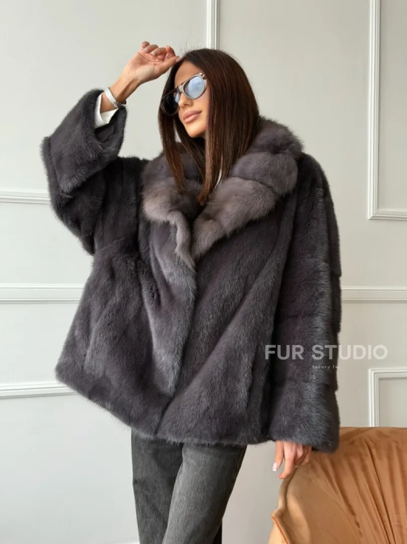 Автоледи норковая с воротником куницы - графит