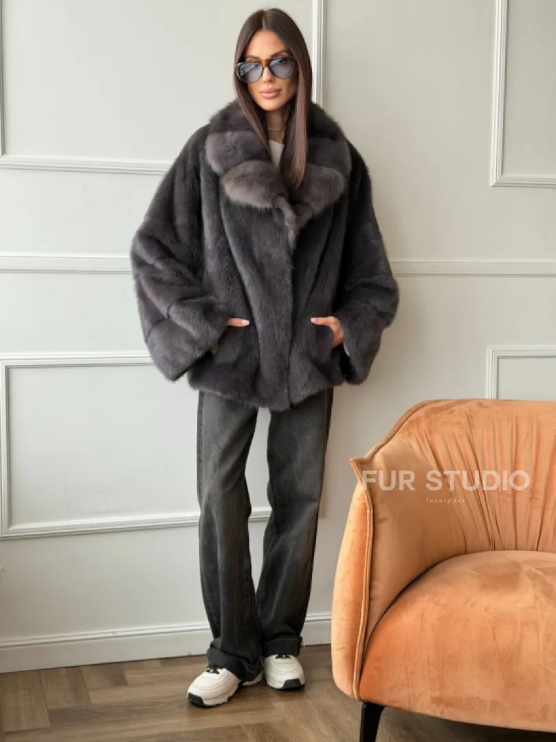 Автоледи норковая с воротником куницы - графит