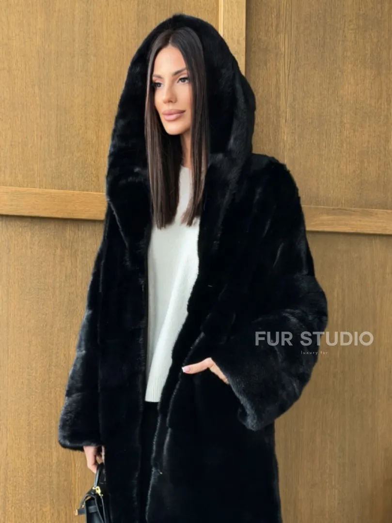 Черная норковая шуба с капюшоном - фото 9