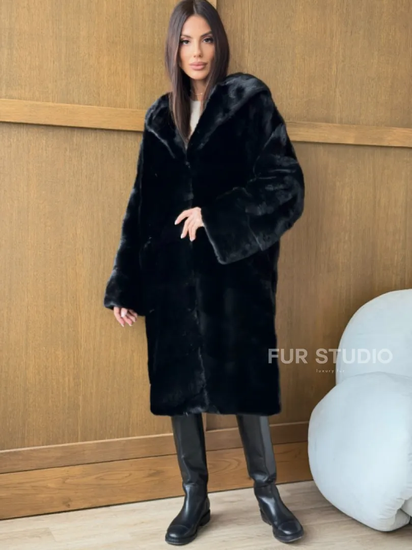 Черная норковая шуба с капюшоном - фото 5