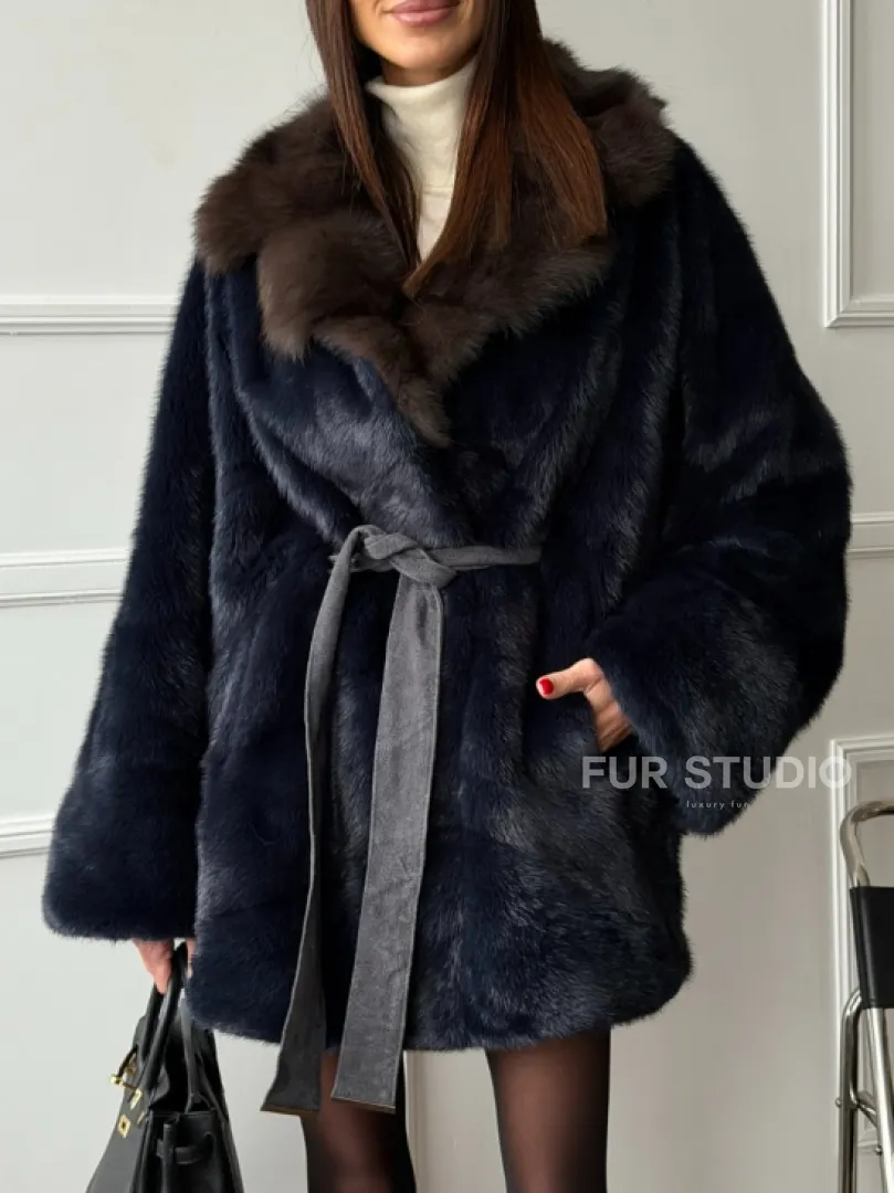 Норковый полушубок летучая мышь с воротником куницы  Dark Blue