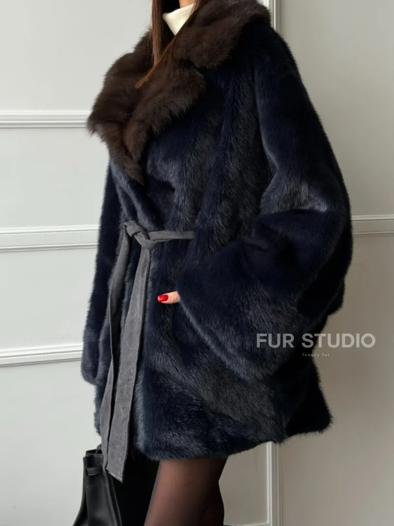 Норковый полушубок летучая мышь с воротником куницы  Dark Blue
