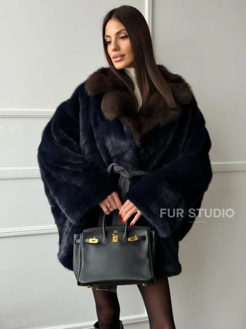 Норковый полушубок летучая мышь с воротником куницы  Dark Blue