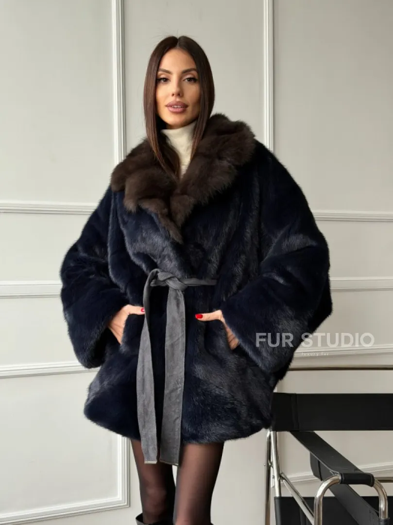 Норковый полушубок летучая мышь с воротником куницы  Dark Blue