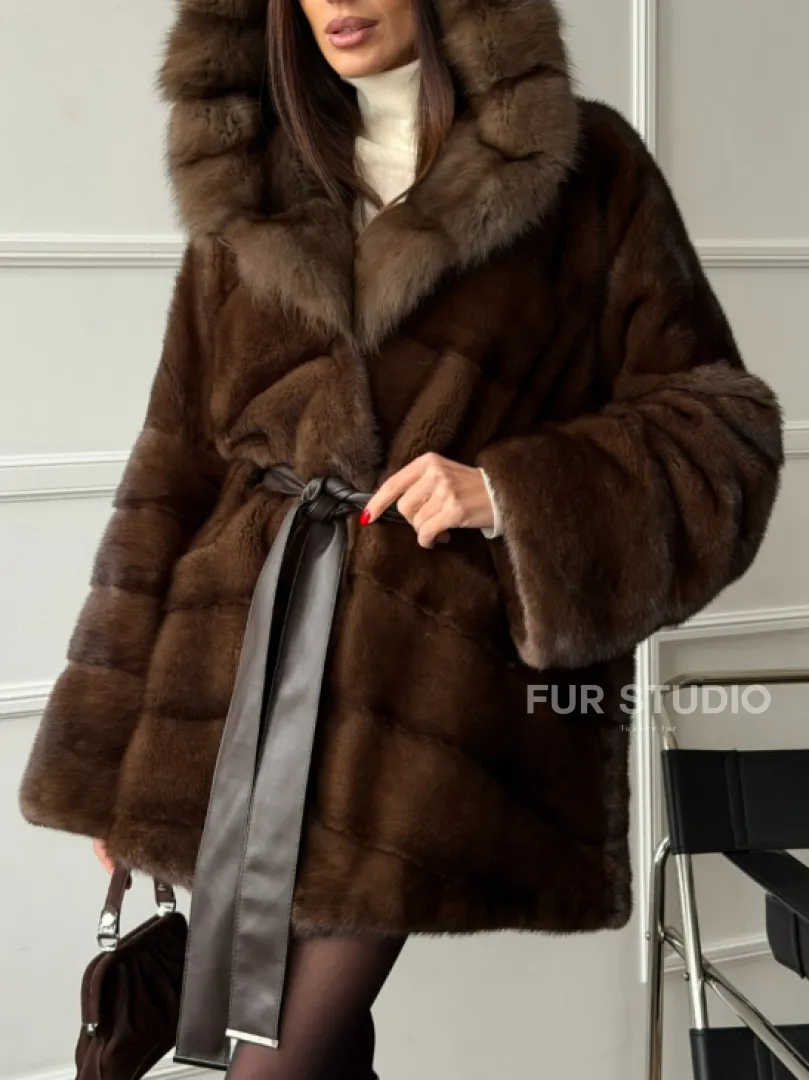 Шуба норка - кимоно с капюшоном